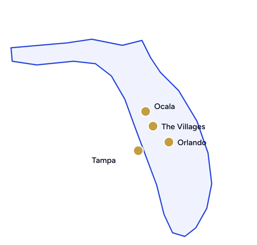 Florida map with four service pins: Ocala, The Villages, Orlando and Tampa