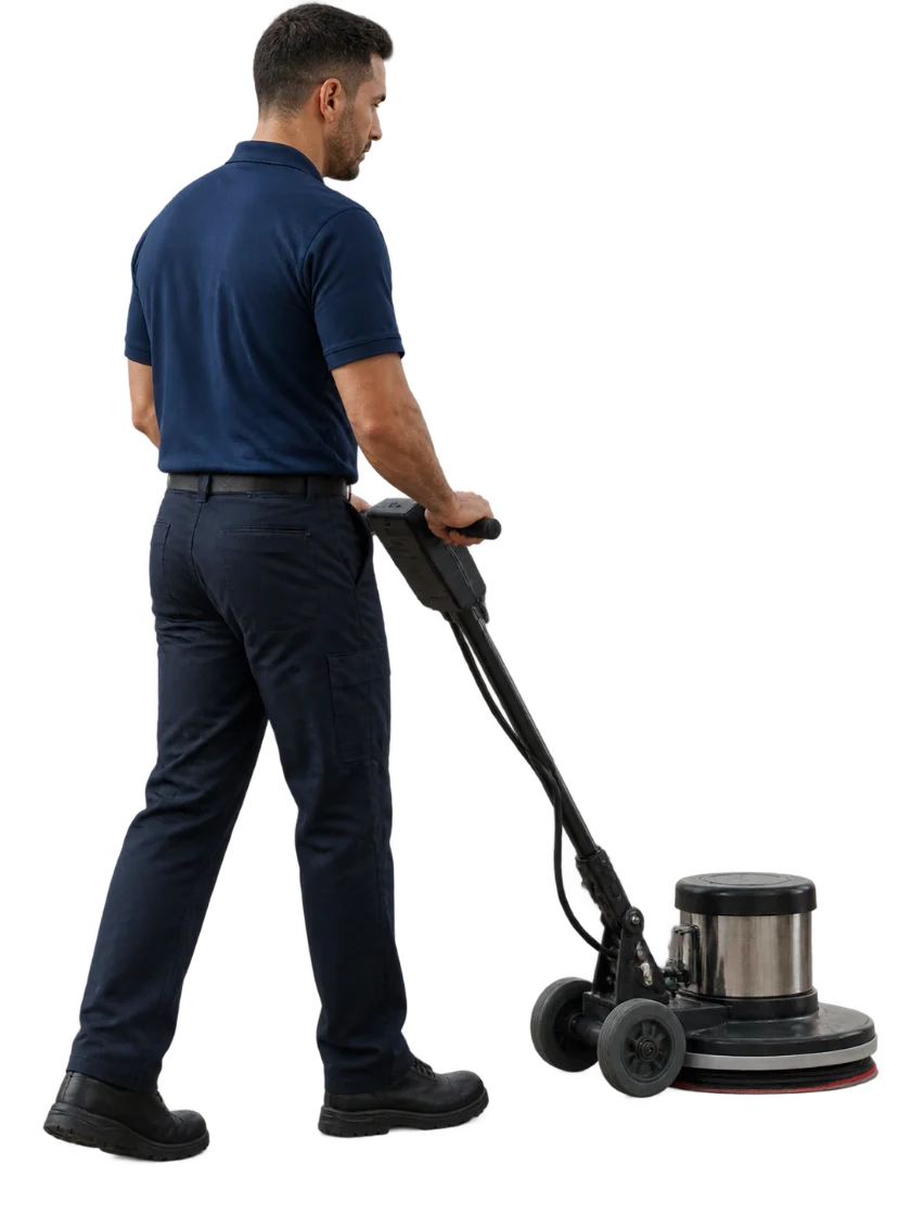 All Pro crew lead in uniform operating a floor burnisher