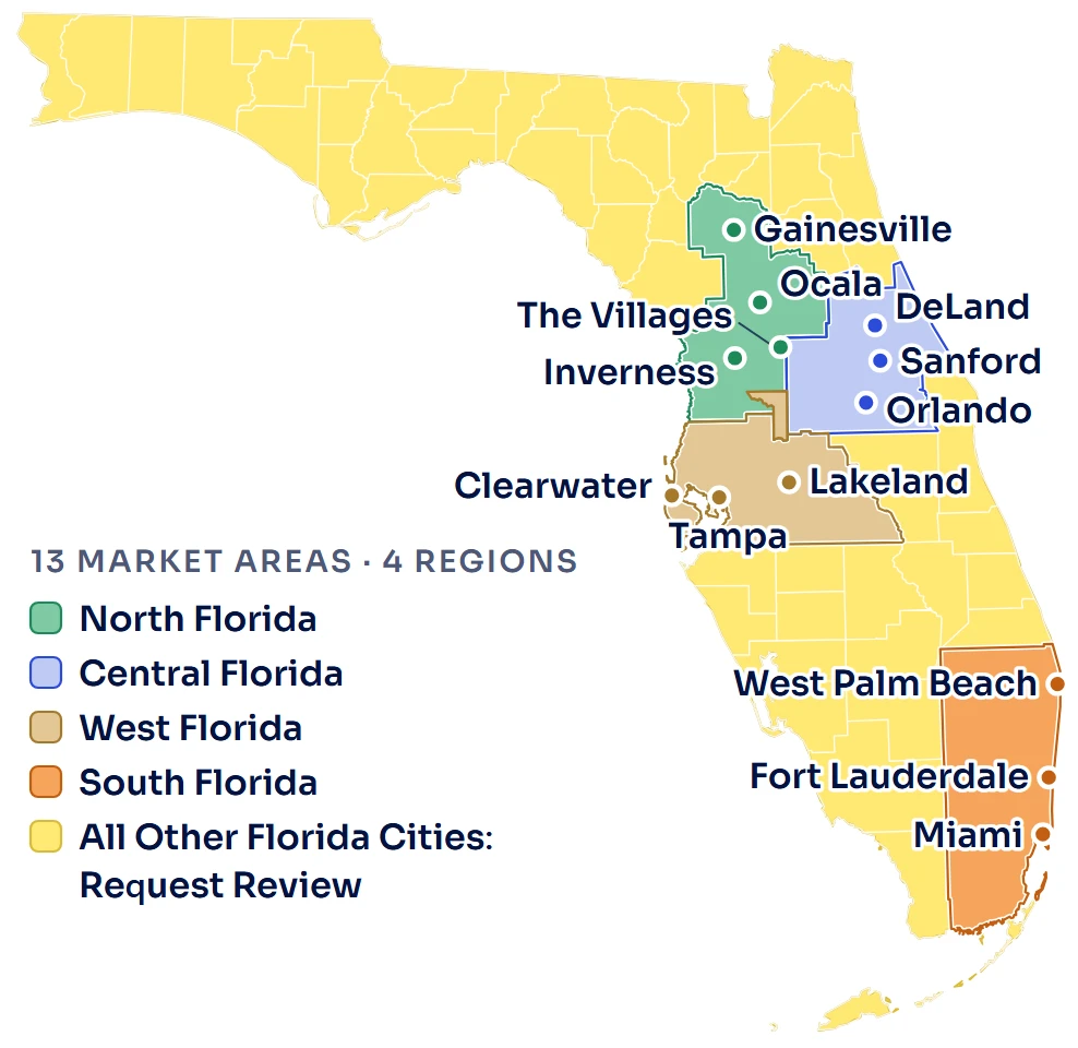 Map of Florida showing All Pro's new client intake areas: North Florida (Gainesville, Ocala, The Villages, Inverness), Central Florida (DeLand, Sanford, Orlando), West Florida (Tampa, Clearwater, Lakeland) and South Florida (West Palm Beach, Fort Lauderdale, Miami); all other Florida cities: request review.